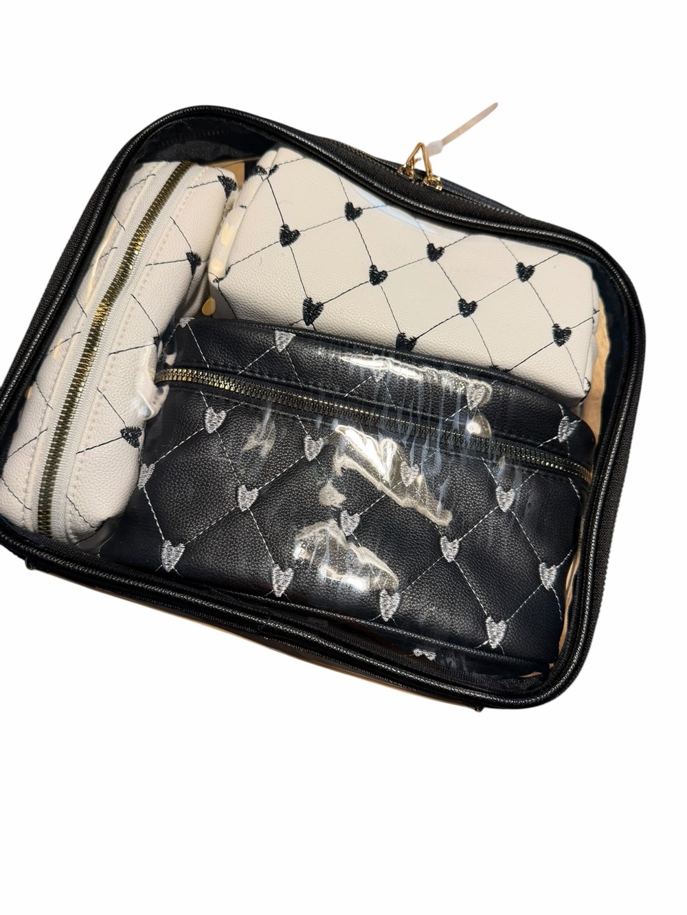4 pc Quilted Heart Cosmetic Pouch Set - Black & white